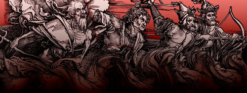 Four Horsemen, From a 15th or 16th century print by printmaker Albrecht Dürer, German, 1471–1528.
Provided by The Smithsonian:
https://www.si.edu/object/four-horsemen-apocalypse:chndm_1954-89-21   
(CCO)
Alterations made:
moving the first horseman in line with t