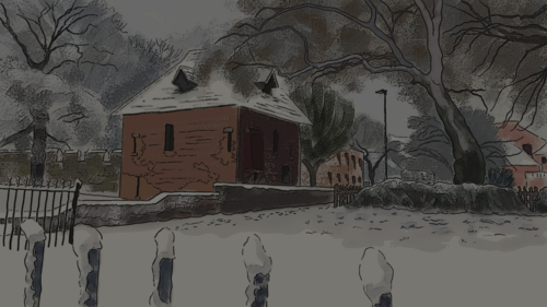 Red Tower in Snow, Digital-art drawn with XP-Pen &amp; Krita software, and based on my own photo of a local scene (taken in 2024). No AI used.